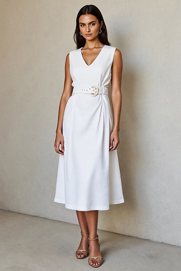 V-Neck Work White A Line Dress with Belt